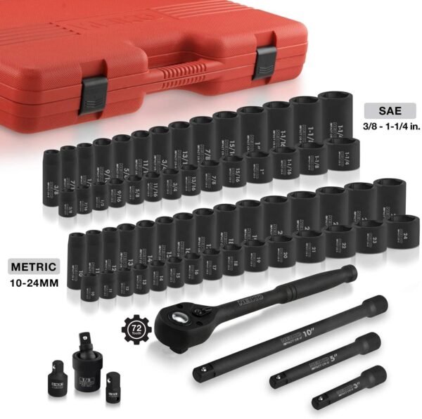 02448A 1/2" Drive Master Impact Socket Set, 65 Piece, Standard SAE (3/8"-1-1/4") & Metric (10-24 mm) Sizes, Deep & Shallow Kit, Includes Adapters & Ratchet Handle – Bild 20