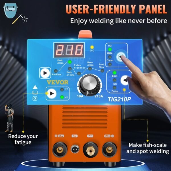 VEVOR 210Amp TIG Welder 110/220V Dual Voltage HF TIG/Stick/Clean 3 in 1 Welder w/ Pulse, IGBT Inverter & Torch, Digital Arc Welding Machine for Stainless Steel, Iron, Mild Steel, Copper, and Nickel – Bild 4