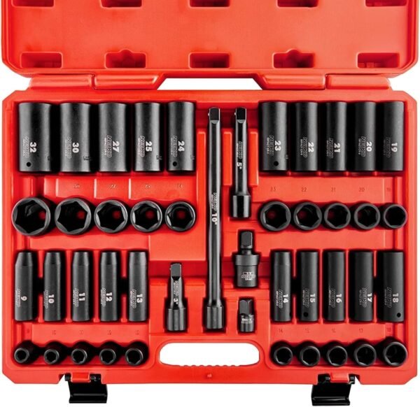 02448A 1/2" Drive Master Impact Socket Set, 65 Piece, Standard SAE (3/8"-1-1/4") & Metric (10-24 mm) Sizes, Deep & Shallow Kit, Includes Adapters & Ratchet Handle – Bild 32