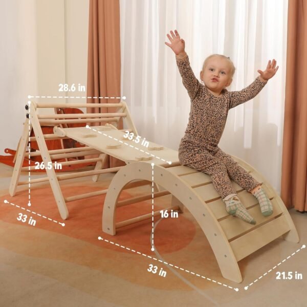 Triangle Set with Cushion, 5 in 1 Montessori Foldable Climbing Set, Climbing Indoor Playground Set for Toddlers, Wooden Climbing Toys with Ramp and Arch Climber for Kids (Wooden Color) – Bild 10