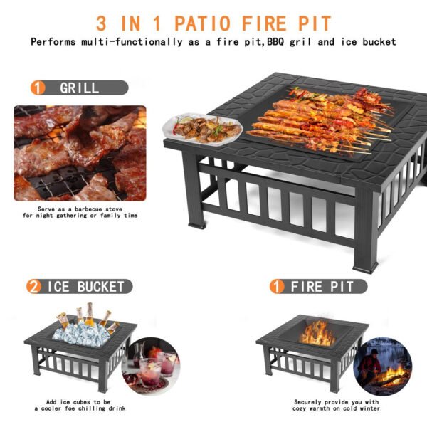 Uhomepro 32" Wood Burning Fire Pit Tables with Screen Lid, Poker, BBQ Net, Ice Tray, Food Clip and Cover – Bild 4