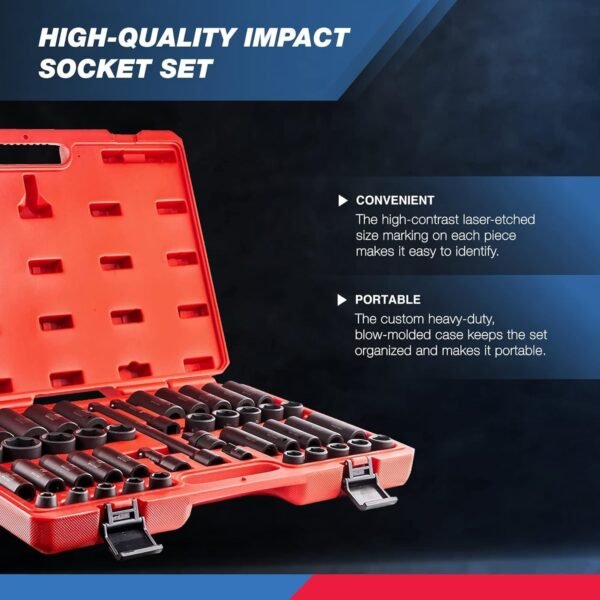 02448A 1/2" Drive Master Impact Socket Set, 65 Piece, Standard SAE (3/8"-1-1/4") & Metric (10-24 mm) Sizes, Deep & Shallow Kit, Includes Adapters & Ratchet Handle – Bild 34