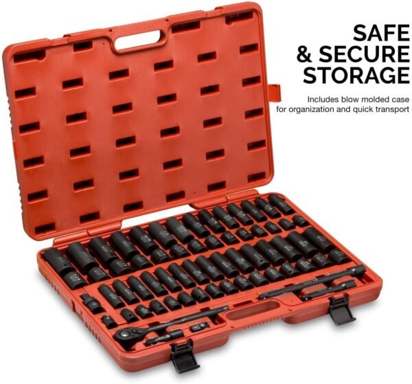 02448A 1/2" Drive Master Impact Socket Set, 65 Piece, Standard SAE (3/8"-1-1/4") & Metric (10-24 mm) Sizes, Deep & Shallow Kit, Includes Adapters & Ratchet Handle – Bild 19