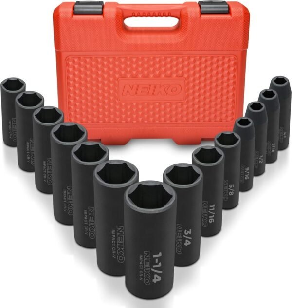 02448A 1/2" Drive Master Impact Socket Set, 65 Piece, Standard SAE (3/8"-1-1/4") & Metric (10-24 mm) Sizes, Deep & Shallow Kit, Includes Adapters & Ratchet Handle – Bild 6
