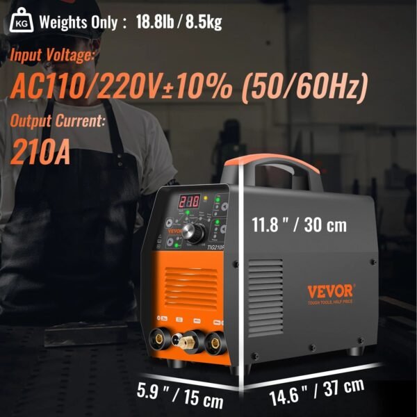 VEVOR 210Amp TIG Welder 110/220V Dual Voltage HF TIG/Stick/Clean 3 in 1 Welder w/ Pulse, IGBT Inverter & Torch, Digital Arc Welding Machine for Stainless Steel, Iron, Mild Steel, Copper, and Nickel – Bild 7