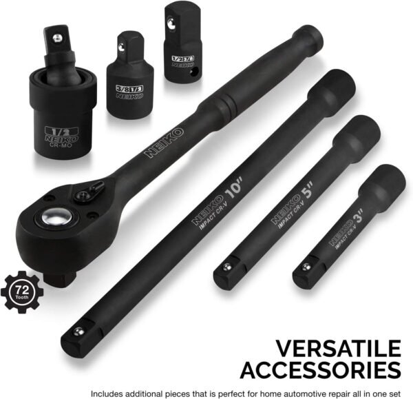 02448A 1/2" Drive Master Impact Socket Set, 65 Piece, Standard SAE (3/8"-1-1/4") & Metric (10-24 mm) Sizes, Deep & Shallow Kit, Includes Adapters & Ratchet Handle – Bild 14